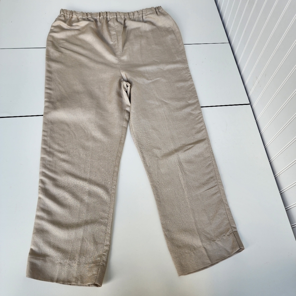 Women's Maternity Size M Natural Beige Tan Linen Pants Elastic Waist P5